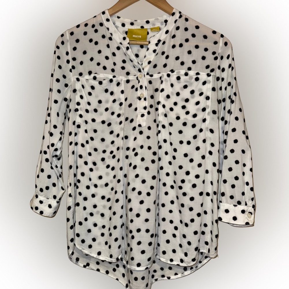 Maeve Anthropologie Brunia Black White Polka Dot Henley Blouse Size S 3/4 Sleeve